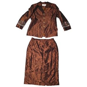 Revelations Womens Bronze Metallic Crushed Skirt Suit Set Beaded Cuffs Size 18